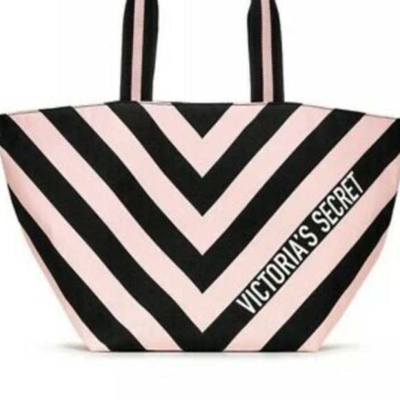 Victoria's Secret V Striped Limited Edition Pink/Black Weekender Tote Bag - Picture 1 of 11